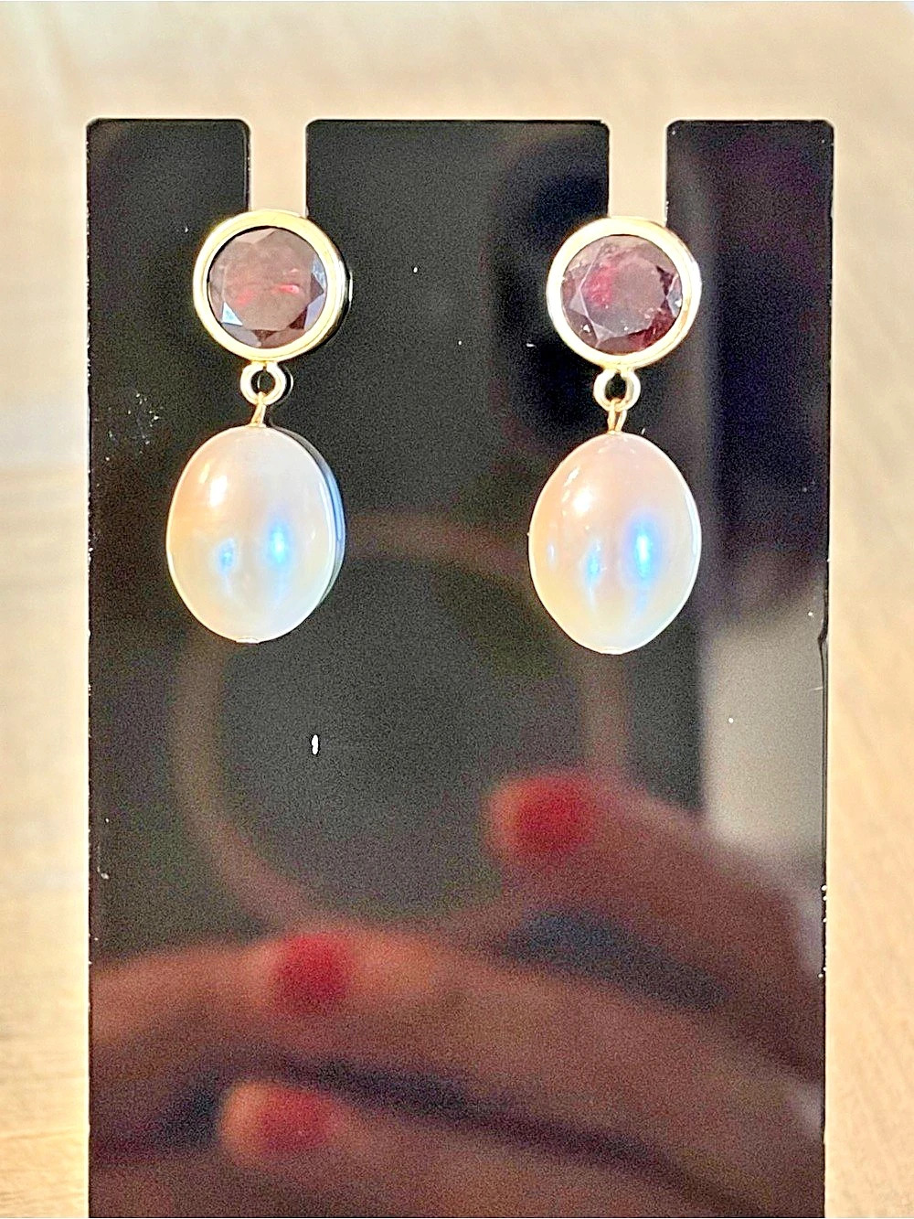 14K Gold Pearls and Garnet drop earrings signed CU
